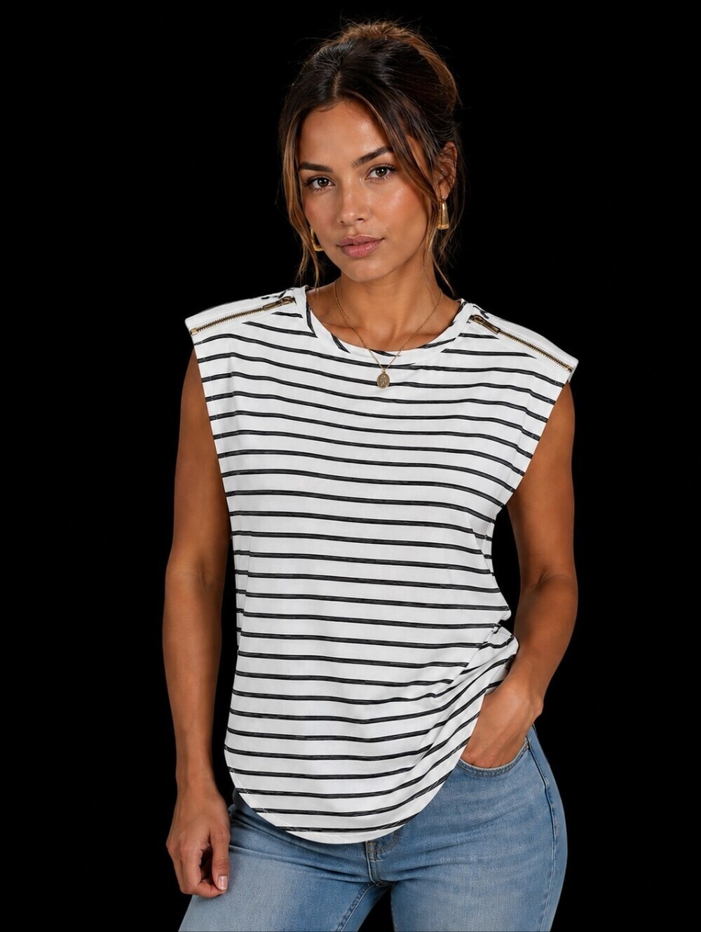 Striped Scoop Neck Blouse in White and Black